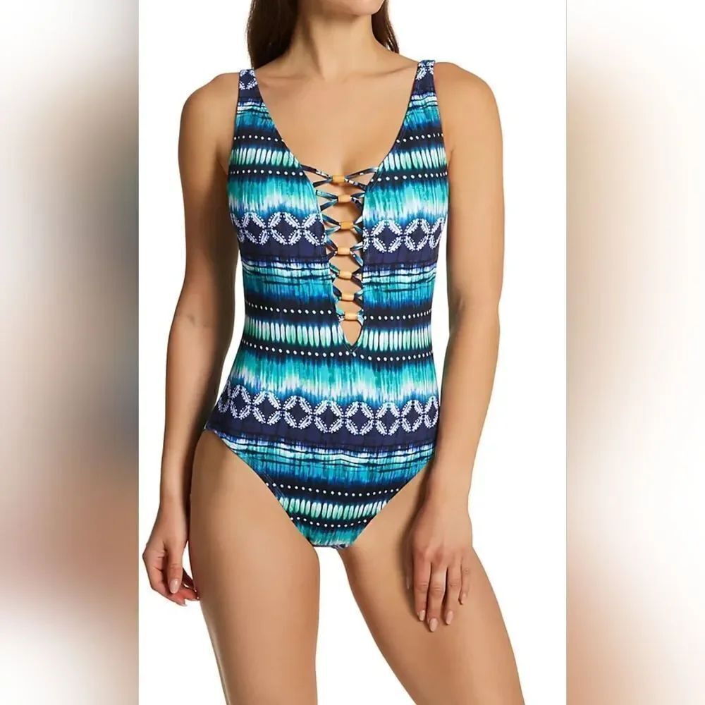 Bleu Rod Beattie Sun,Sea And Sand Lattice Front One Piece Swimsuit NWOT sz 12